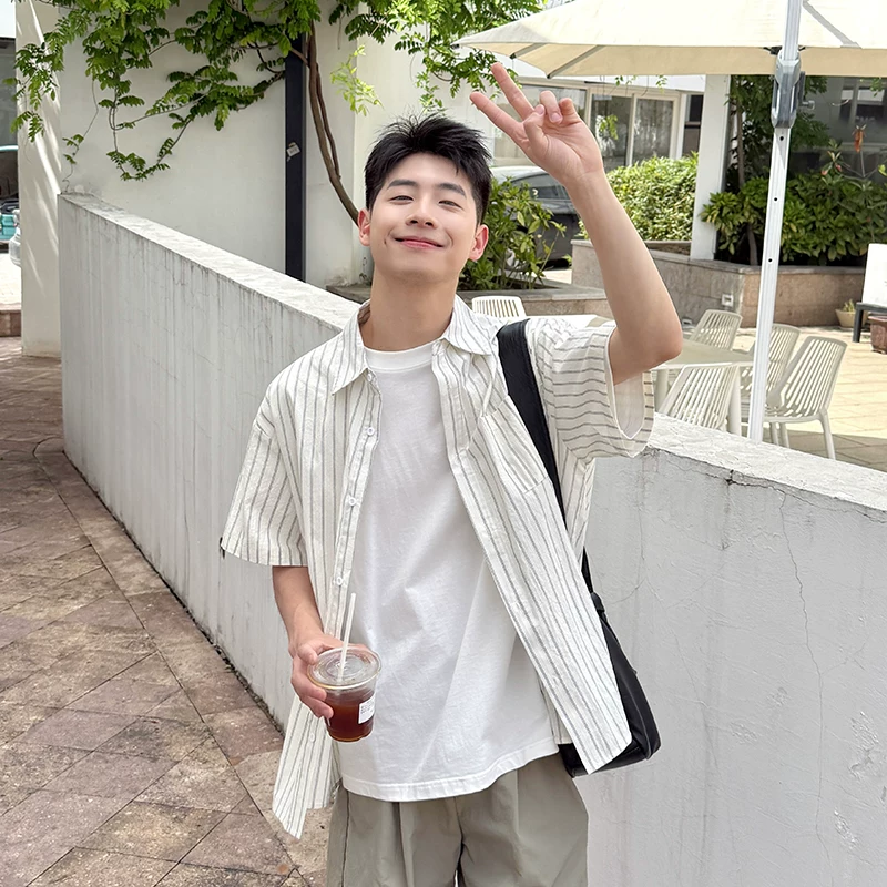 【透气轻薄】白色条纹衬衫短袖男生新款夏季宽松休闲衬衣上衣外套