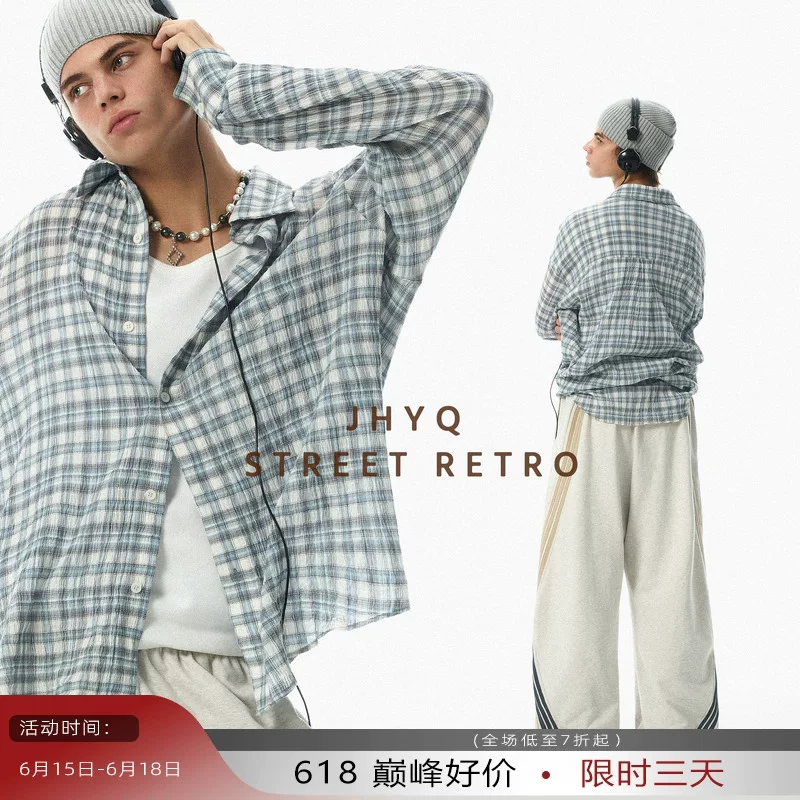 JHYQ春夏季美式复古褶皱格子长袖遮阳衬衫男轻薄透气休闲上衣