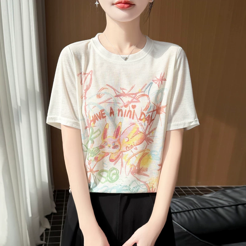 卡通涂鸦印花短袖T恤女宽松圆领白色显瘦打底上衣