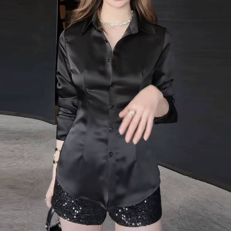 高端设计感小众醋酸缎面黑色衬衫女大码高个子防皱中长款时尚洋气