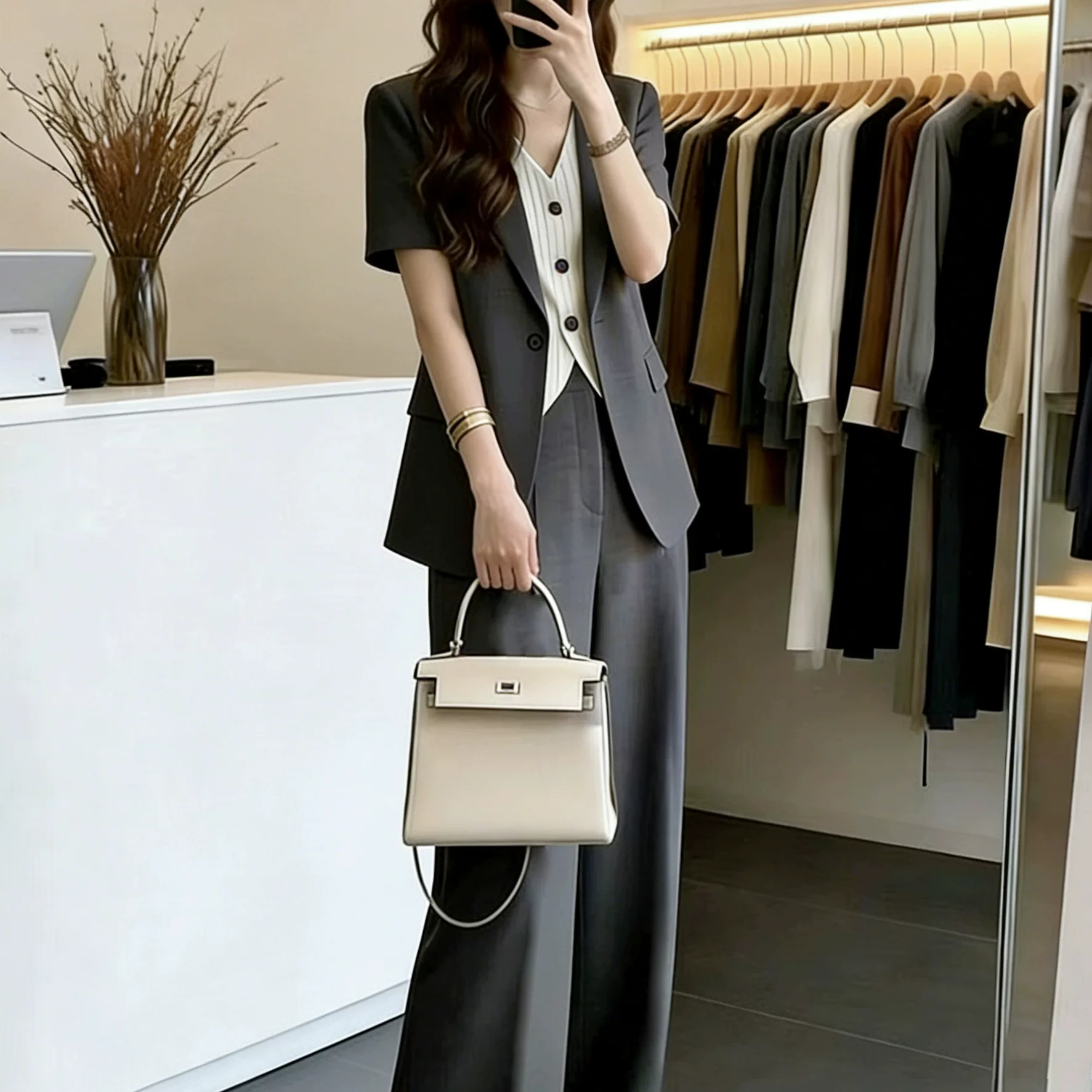 XZ230-短袖薄款西装外套大码女装胖MM假两件西服工作服职业套装