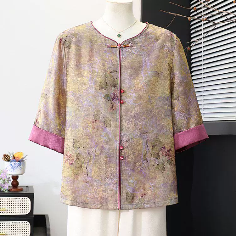9378夏季新款新中式女装气质国风大码衬衫妈妈春夏七分袖薄款外套