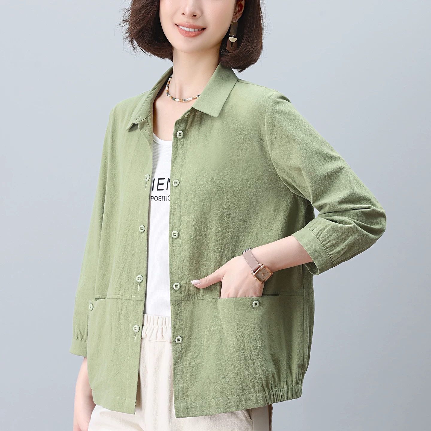 纯棉衬衣女款春秋薄款外套大码宽松减龄洋气中年妈妈翻领衬衫上衣