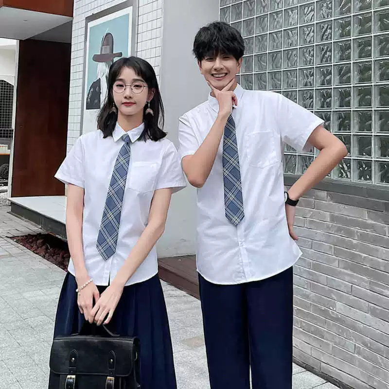 情侣款白色领带衬衫夏季短袖韩版毕业季正装学士服内搭学院风衬衣
